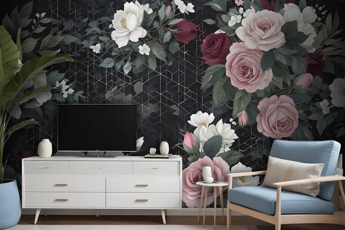 Colorful Floral With Dark Geometric Pattern Wallpaper Mural