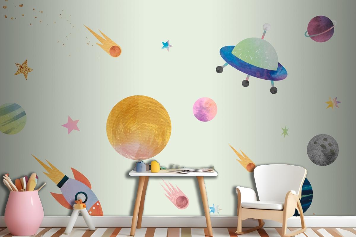 Colorful Galaxy Pattern Background In Cute Watercolor Style Wallpaper Mural