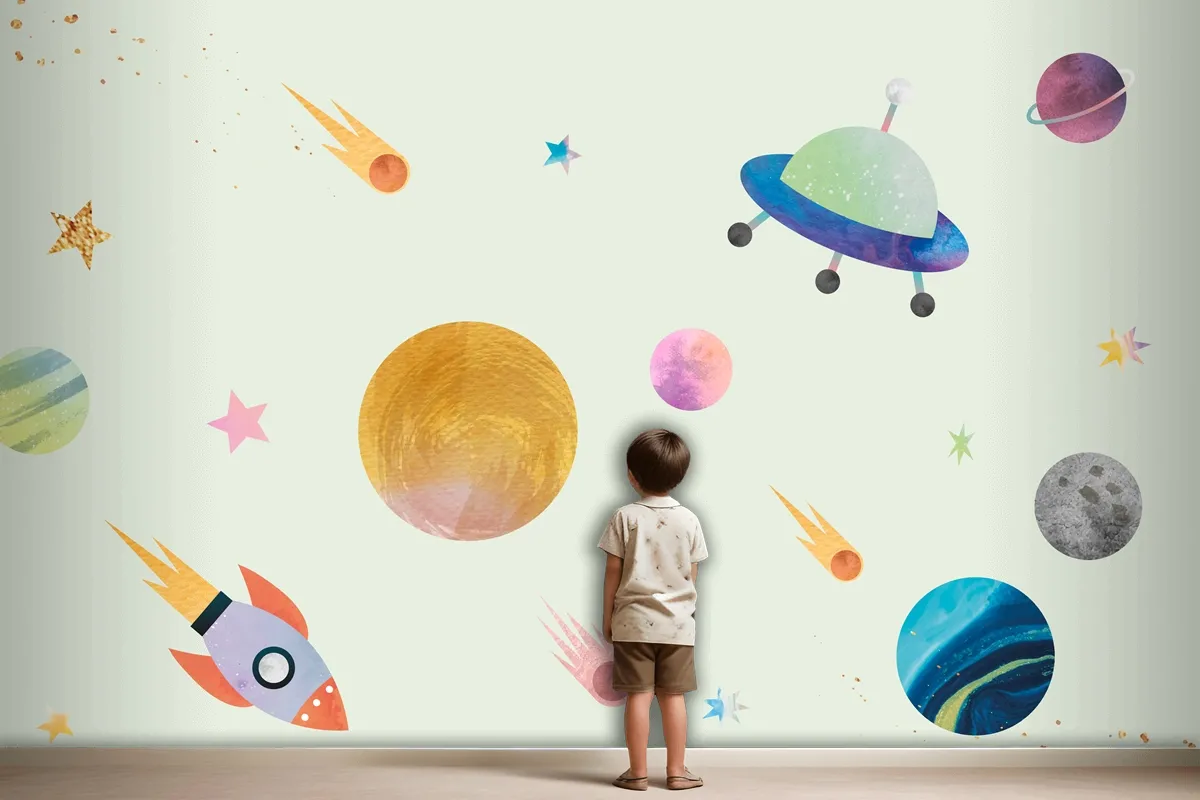 Colorful Galaxy Pattern Background In Cute Watercolor Style Wallpaper Mural