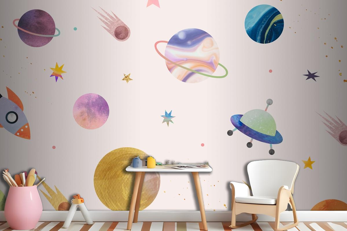 Colorful Galaxy Watercolor Doodle On Pastel Background Wallpaper Mural