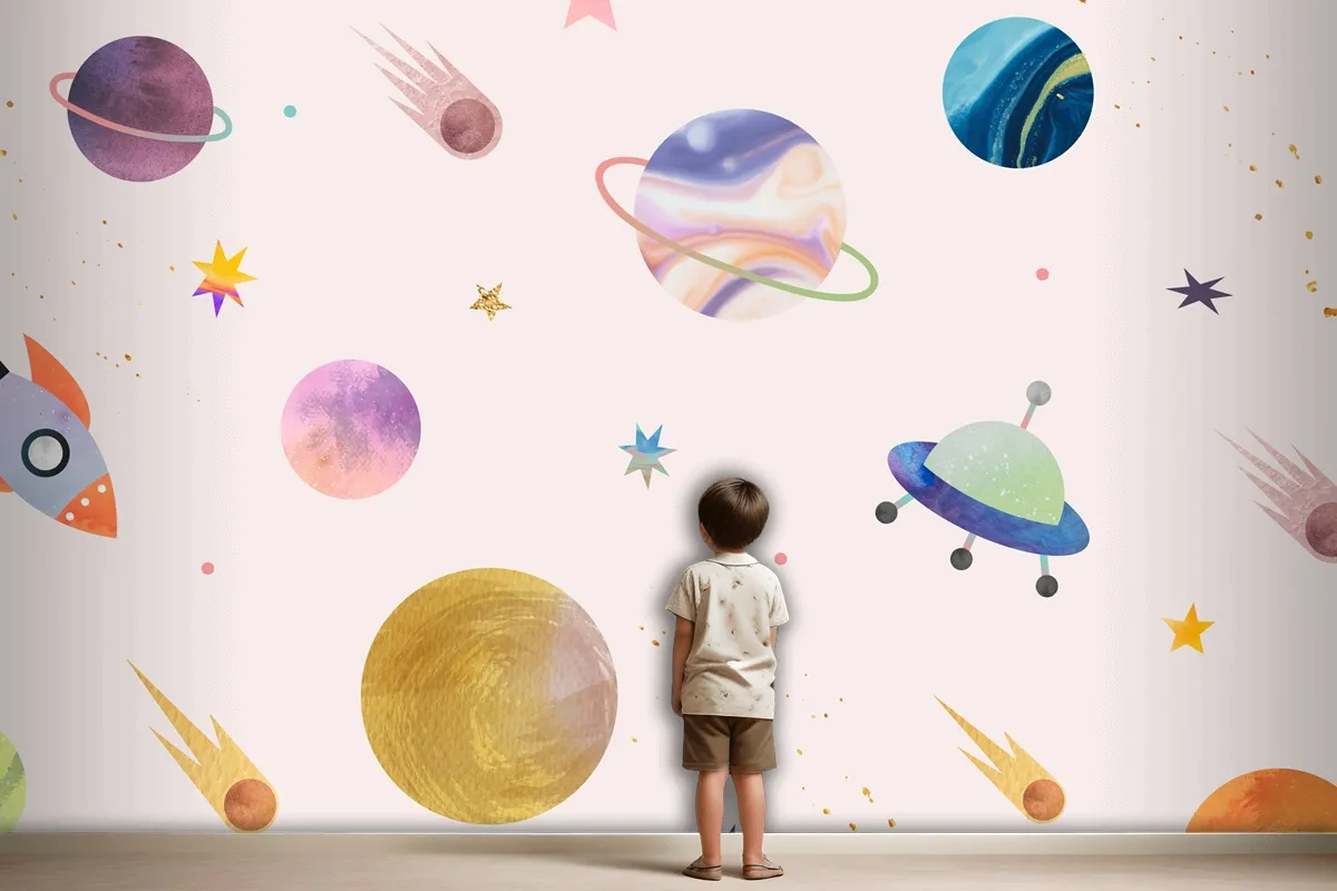 Colorful Galaxy Watercolor Doodle On Pastel Background Wallpaper Mural