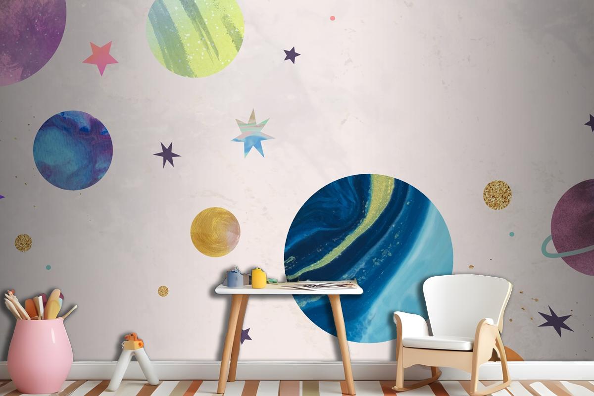 Colorful Galaxy Watercolor Doodle On Pastel Wallpaper Mural