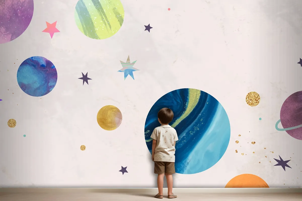 Colorful Galaxy Watercolor Doodle On Pastel Wallpaper Mural