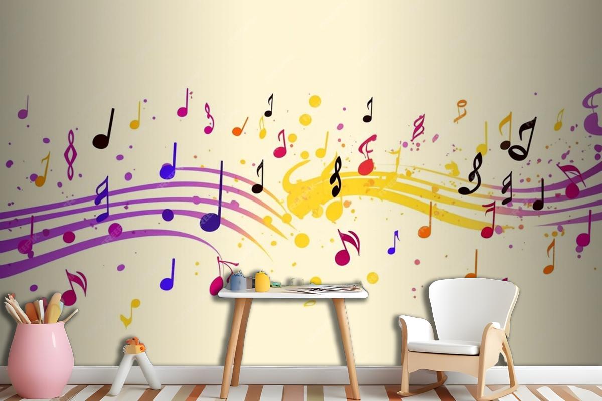 Colorful Musical Notes Yellow Background Wallpaper Mural