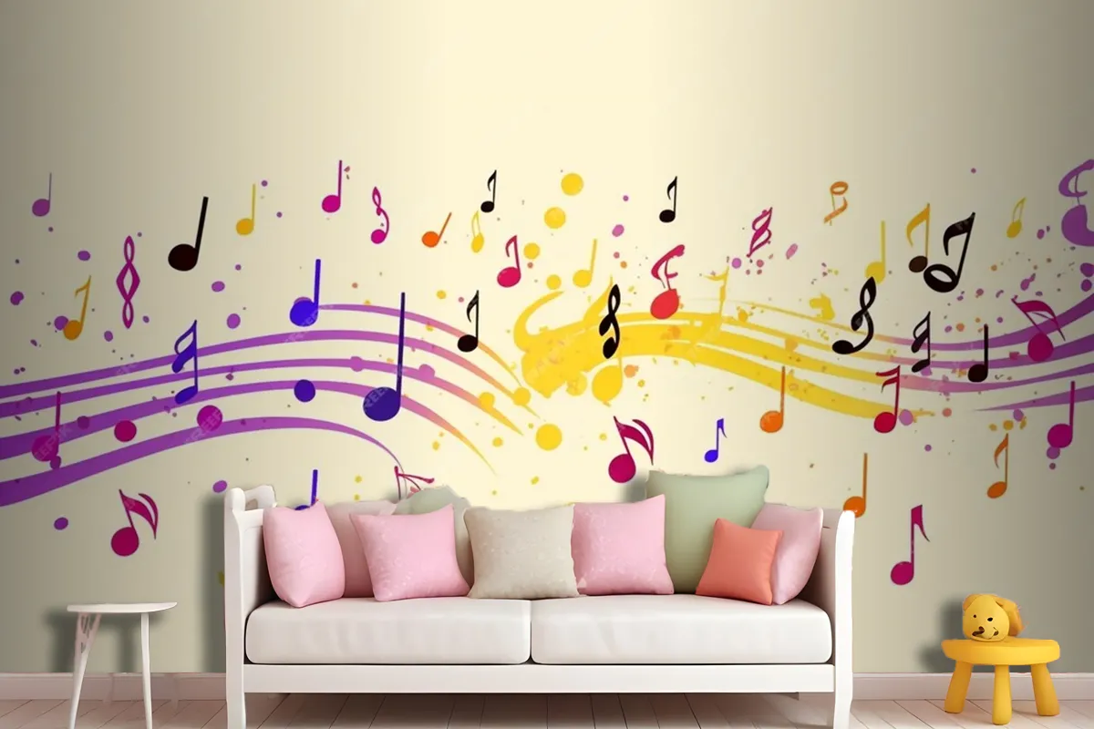 Colorful Musical Notes Yellow Background Wallpaper Mural