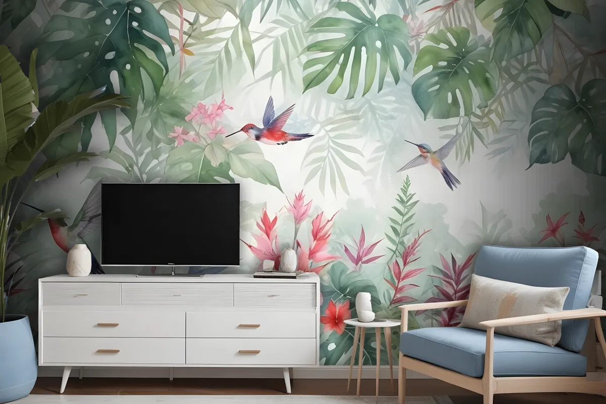 Colorful Tropical Exotic Cactus Floral With Little Birds Wallpaper Mural