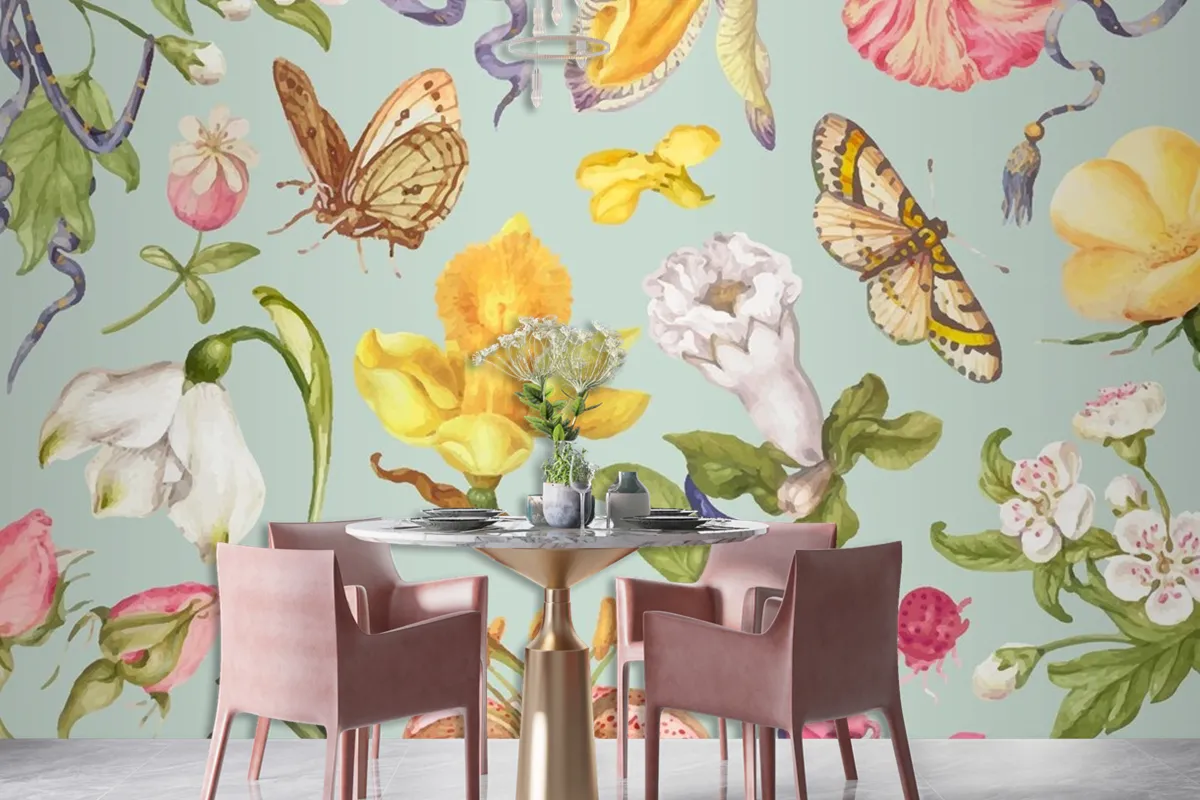 Colorful Vintage Floral Pattern On Green Background Wallpaper Mural