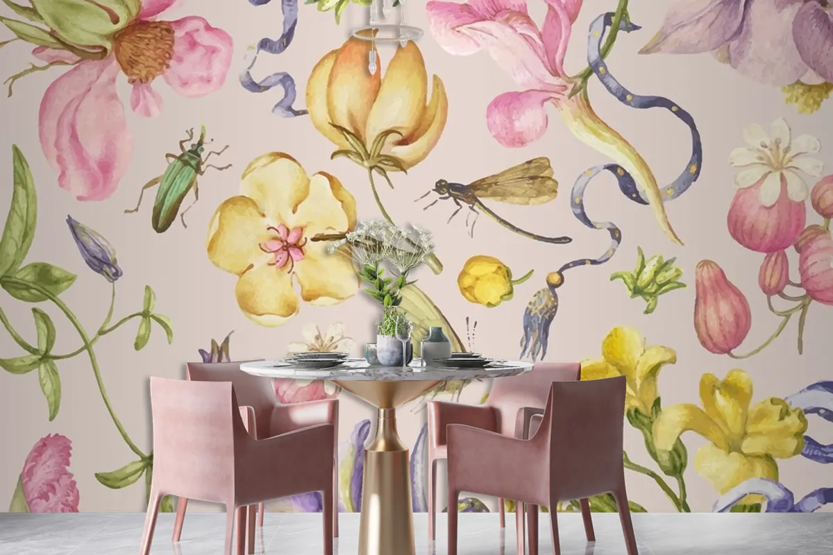 Colorful Vintage Floral Pattern Vector On Pink Wallpaper Mural