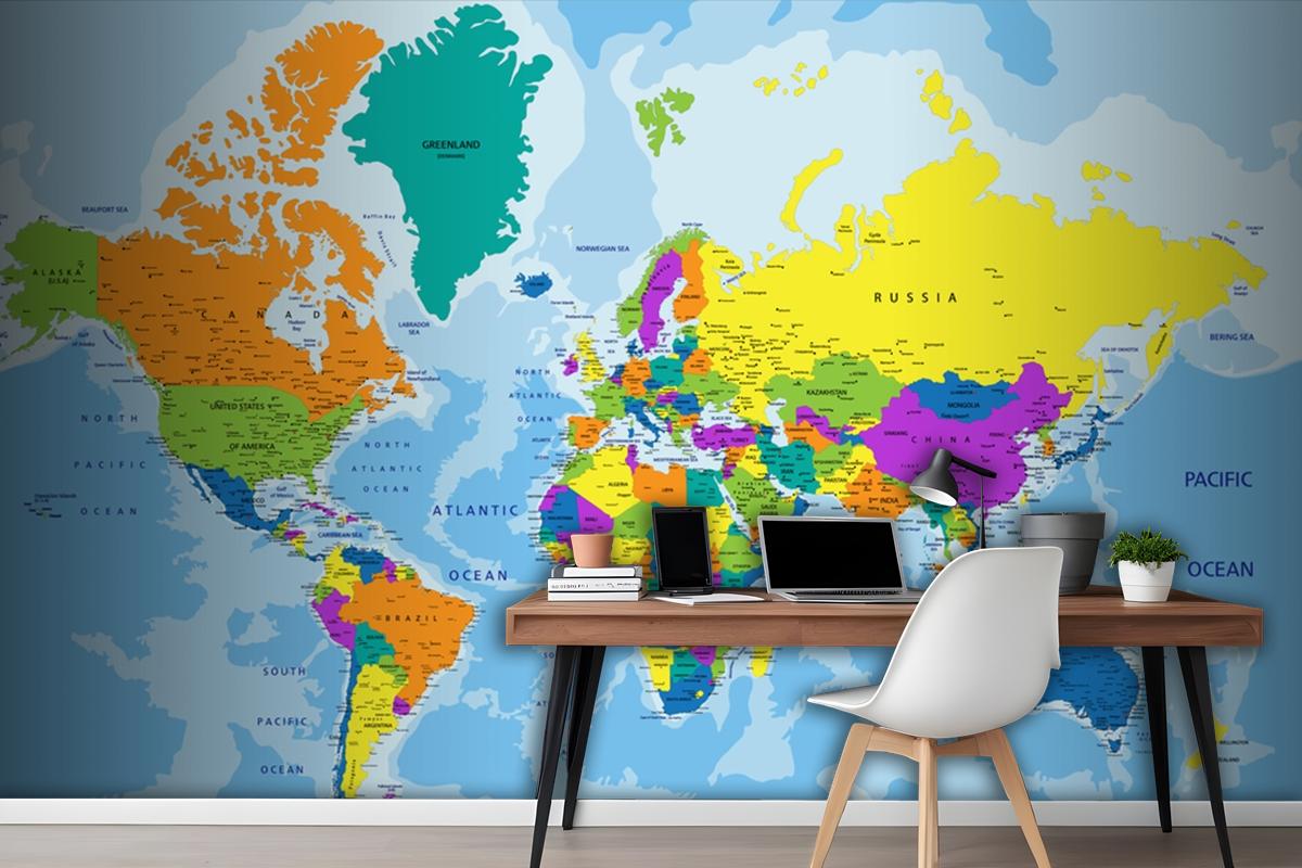 Colorful World Political Map With Clearly Labeled Wallpaper Mural