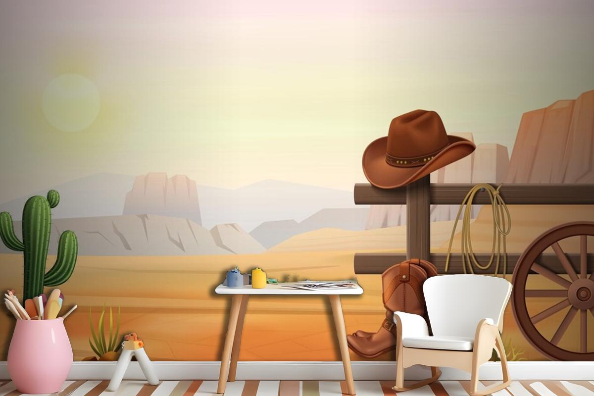 Cowboy Boots And Hat On Fence Wallpaper Mural