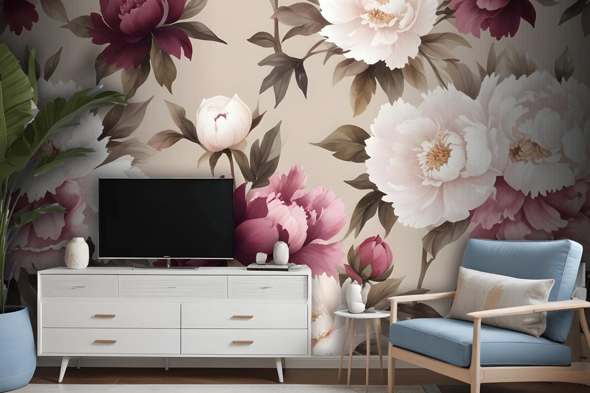 Cream Pink Peony Floral Pattern Wallpaper Mural