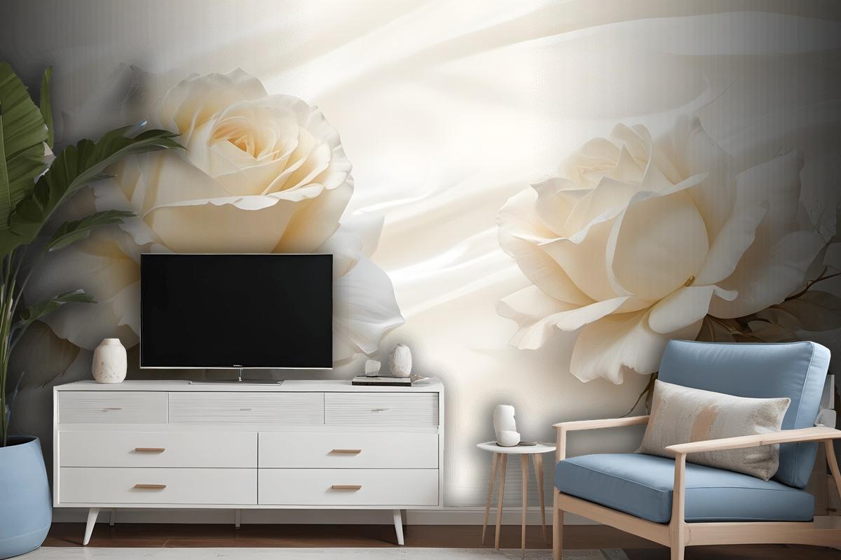 Cream Rose Floral With Water Pattern Wallpaper Mural