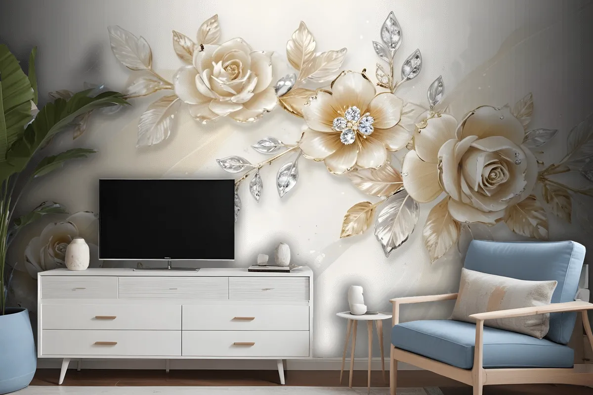 Cream Swarovski Rose Floral Wallpaper Mural