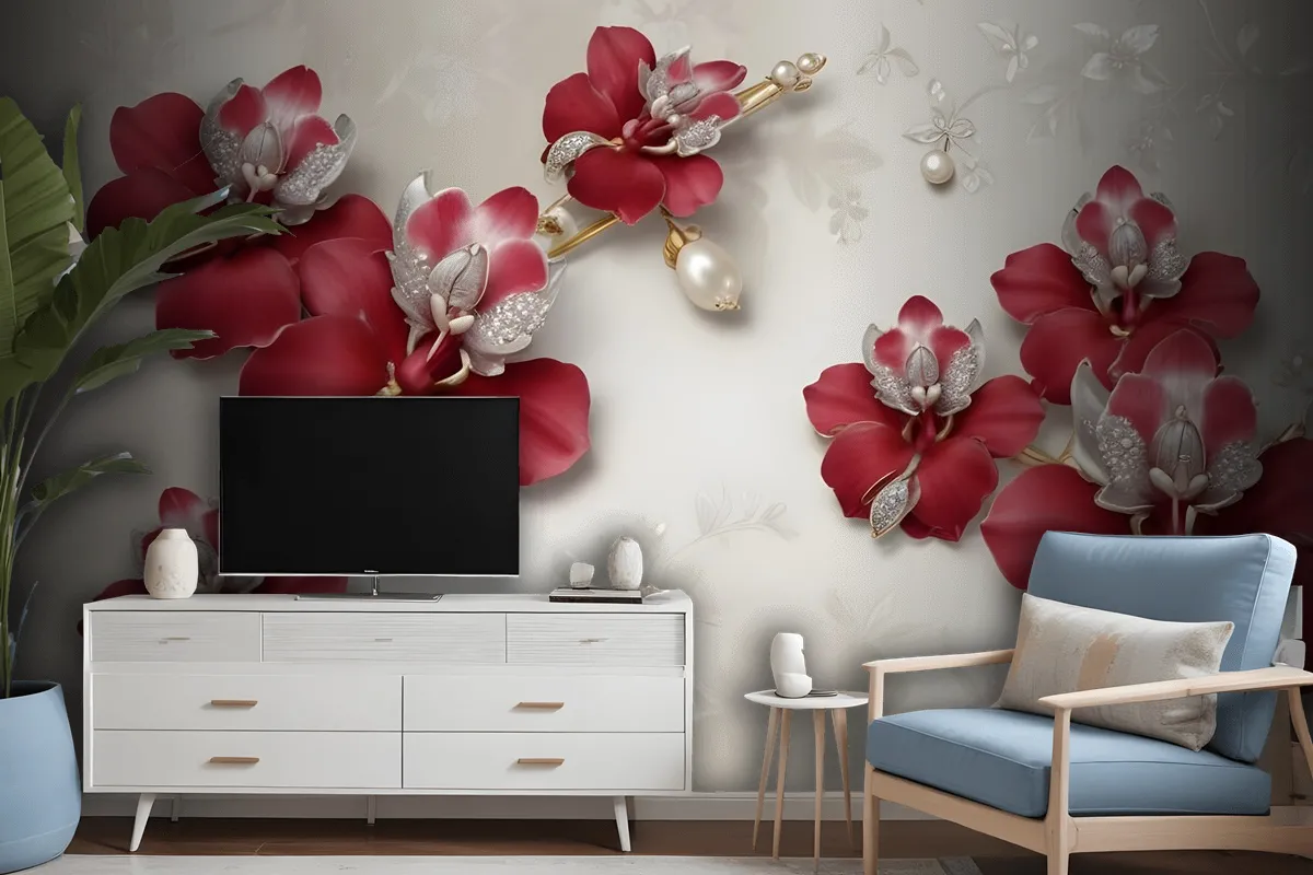 Crystal Red Floral Art Wallpaper Mural