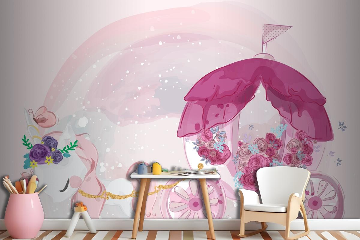 Cute Baby Unicorn Hand Drawn In Sweet Watercolor Style Wallpaper Mural