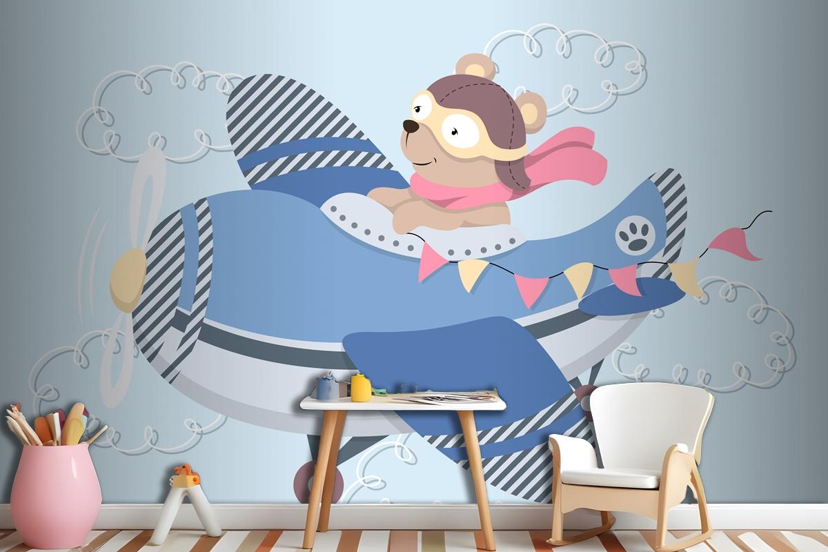 Cute Cartoon Teddy Bear In Aviator Glasses A Leather Helmet And Scarf Flying In Vintage Airplane Wallpaper Mural