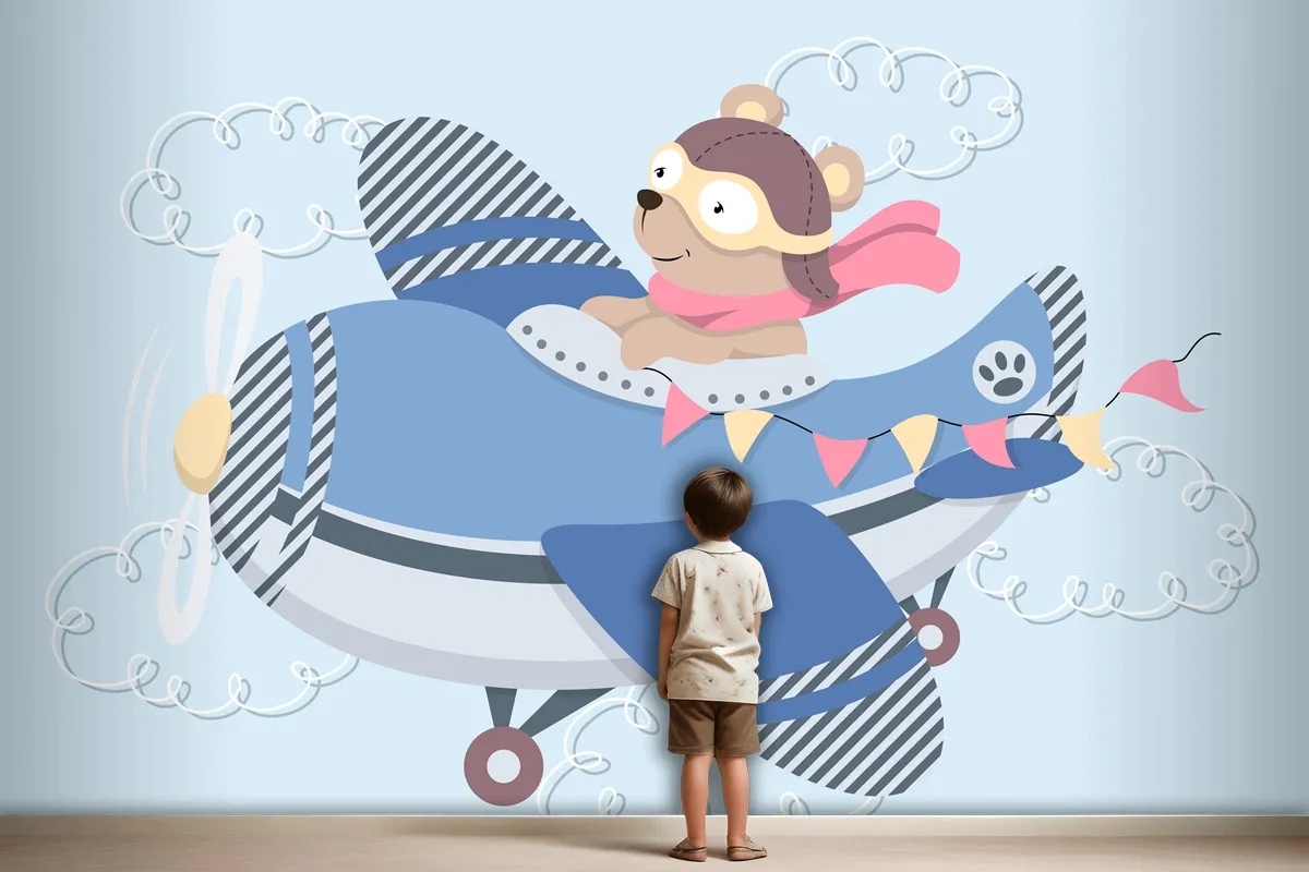 Cute Cartoon Teddy Bear In Aviator Glasses A Leather Helmet And Scarf Flying In Vintage Airplane Wallpaper Mural