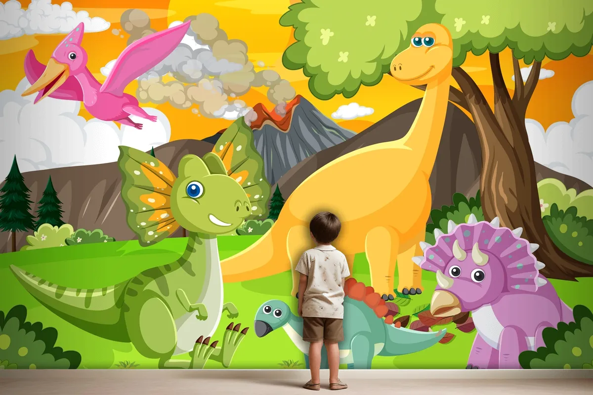 Cute Dinosaur Group In Forest Wallpaper Mural