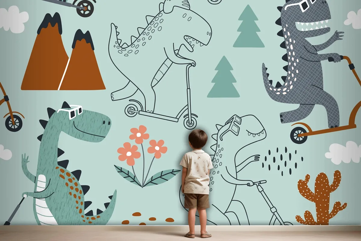 Cute Dinosaur Rides A Scooter Wallpaper Mural