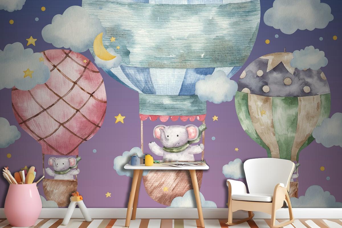 Cute Elephant Flies On Colored Balloons Wallpaper Mural