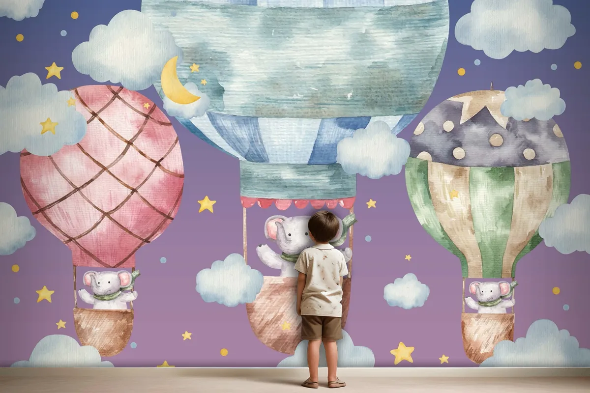 Cute Elephant Flies On Colored Balloons Wallpaper Mural