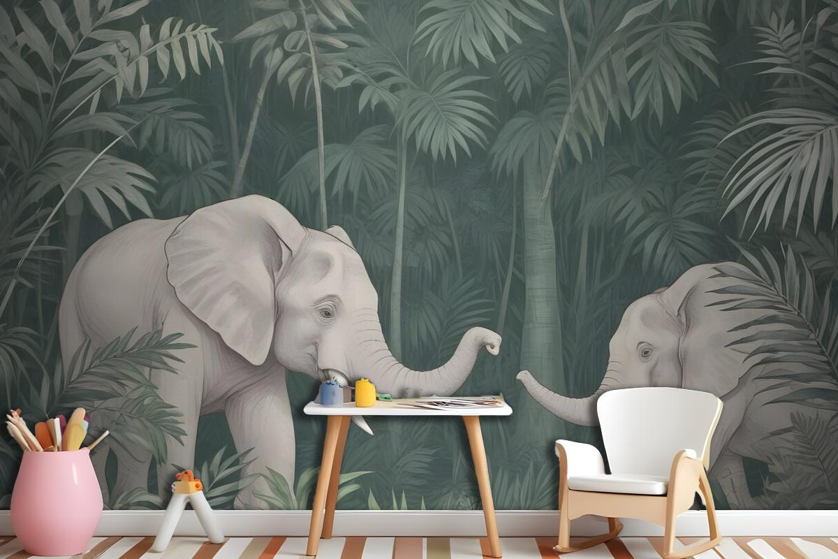 Cute Elephants On The Tropical Jungle Kids Wallpaper Mural