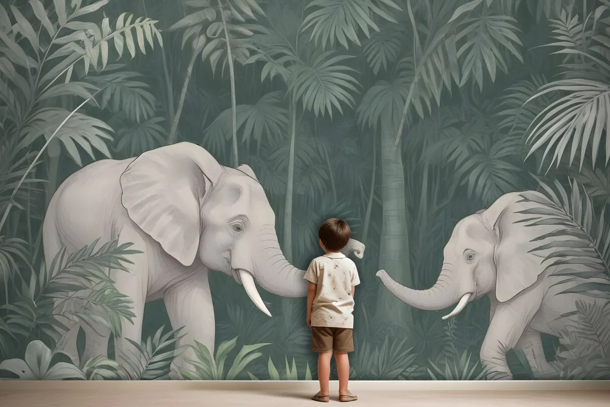 Cute Elephants On The Tropical Jungle Kids Wallpaper Mural