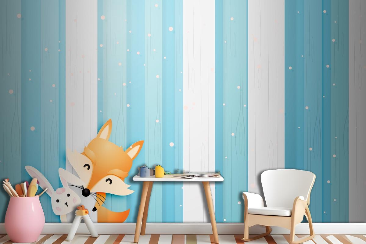 Cute Fox And Rabbit In The Wood With Paper Art Style Pastel Scheme Wallpaper Mural