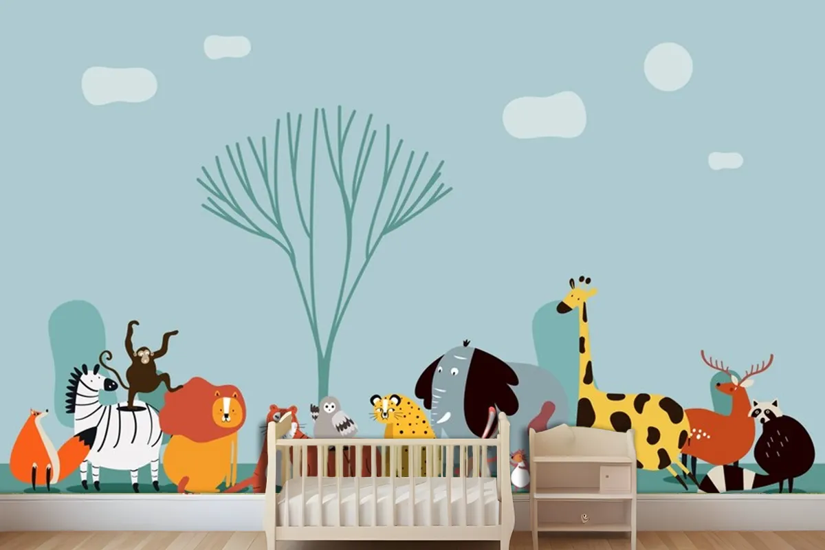 Cute Group Of Wild Animals Wallpaper Mural