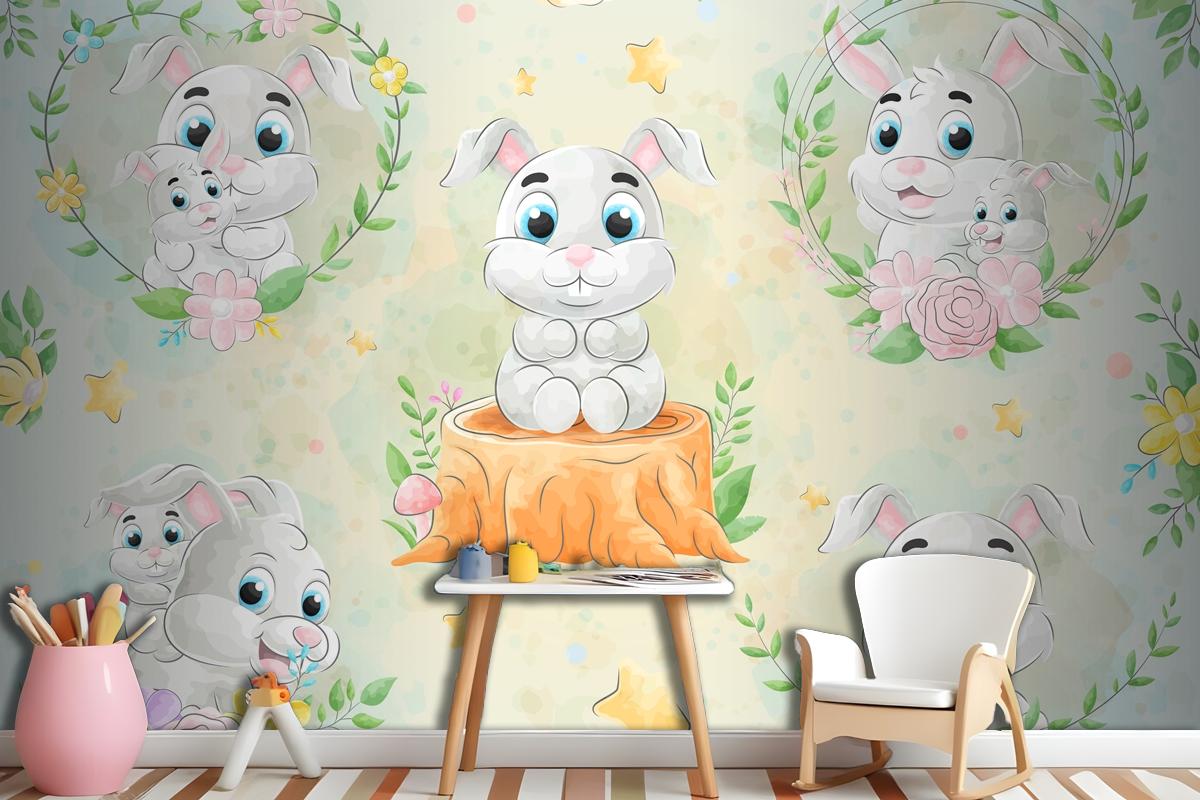 Cute Little Rabbit With Watercolor Wallpaper Mural