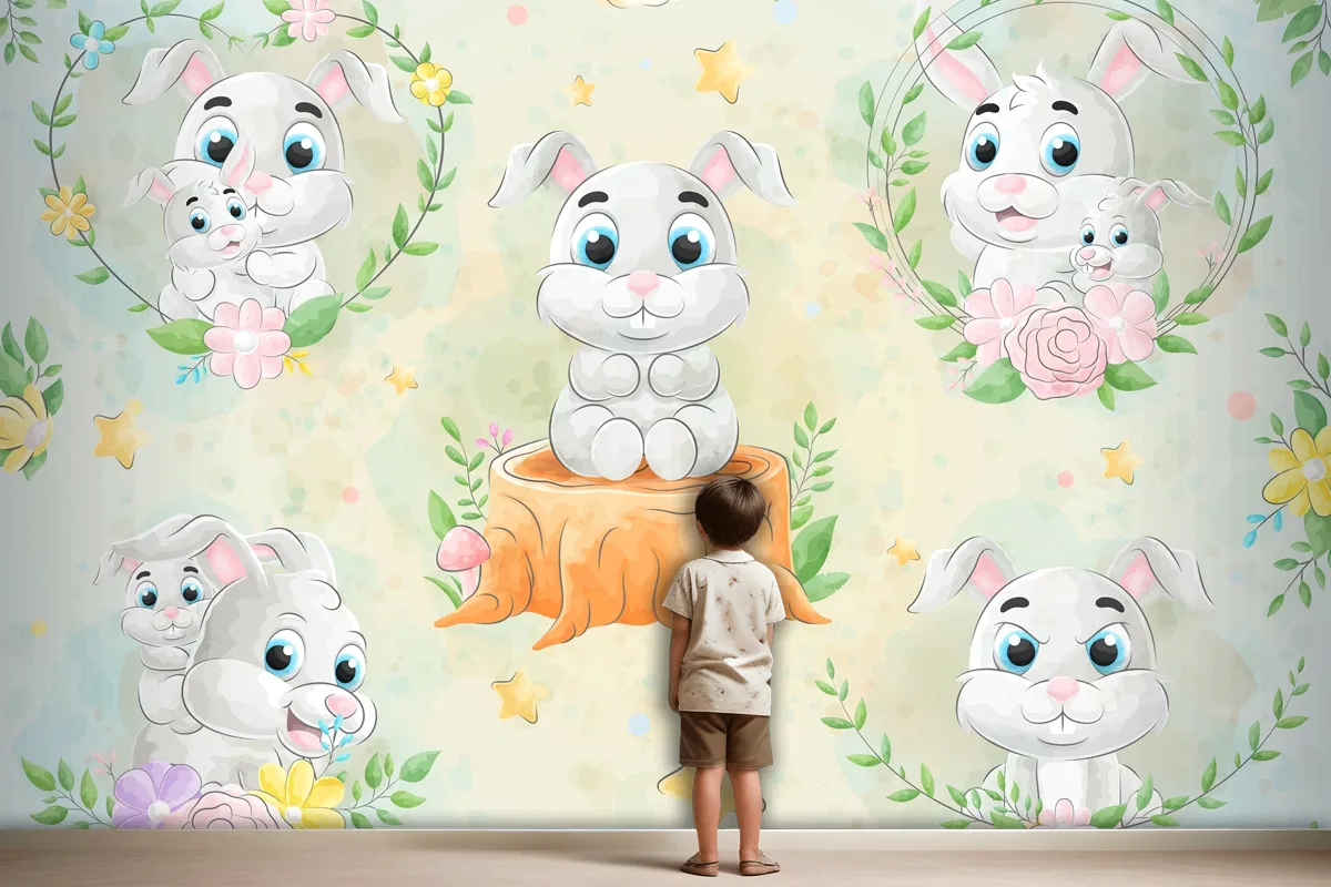 Cute Little Rabbit With Watercolor Wallpaper Mural