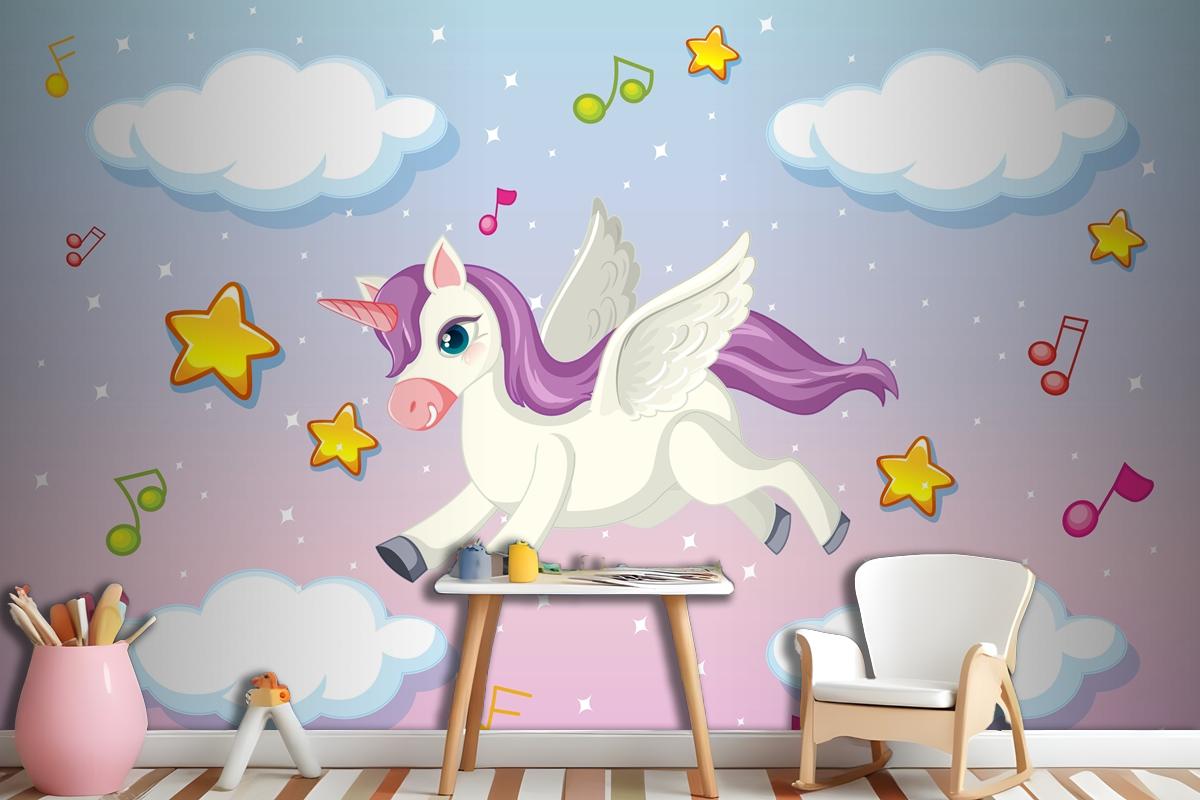 Cute Pegasus With Purple Mane Flying In The Pastel Sky Wallpaper Mural