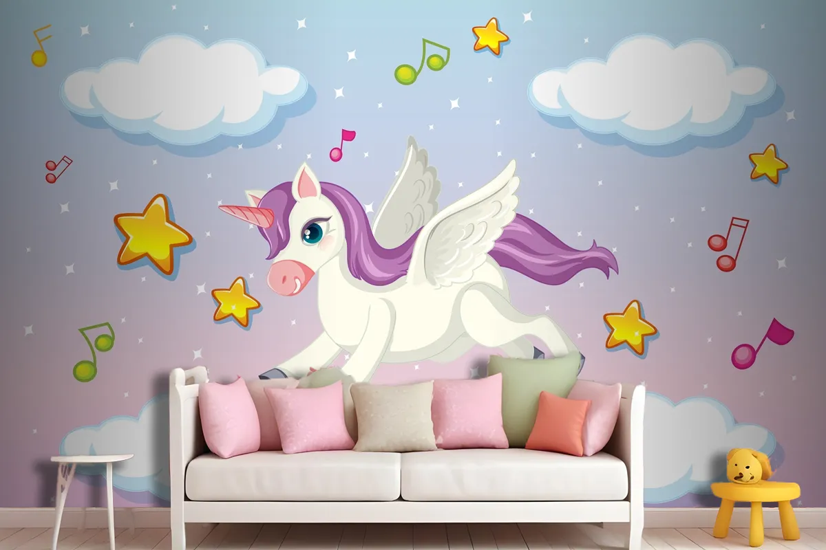 Cute Pegasus With Purple Mane Flying In The Pastel Sky Wallpaper Mural