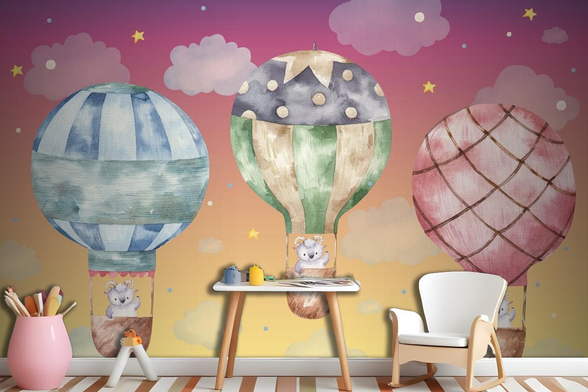 Cute Ram Flying On Colored Balloons Wallpaper Mural