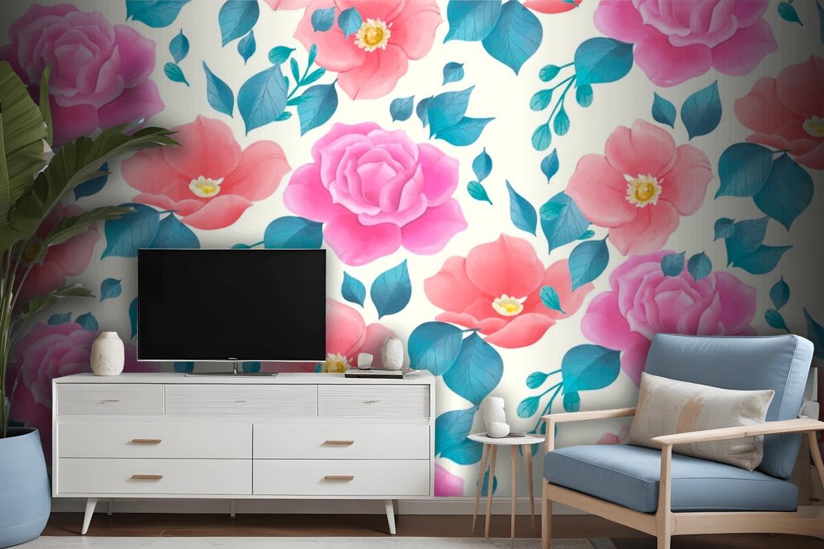 Cute Watercolor Floral Pattern With Rose Flowers Wallpaper Mural