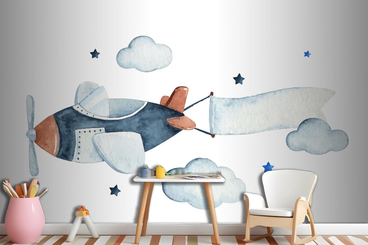 Cute Watercolor Sky Scene With Air Plane Clouds And Stars Wallpaper Mural