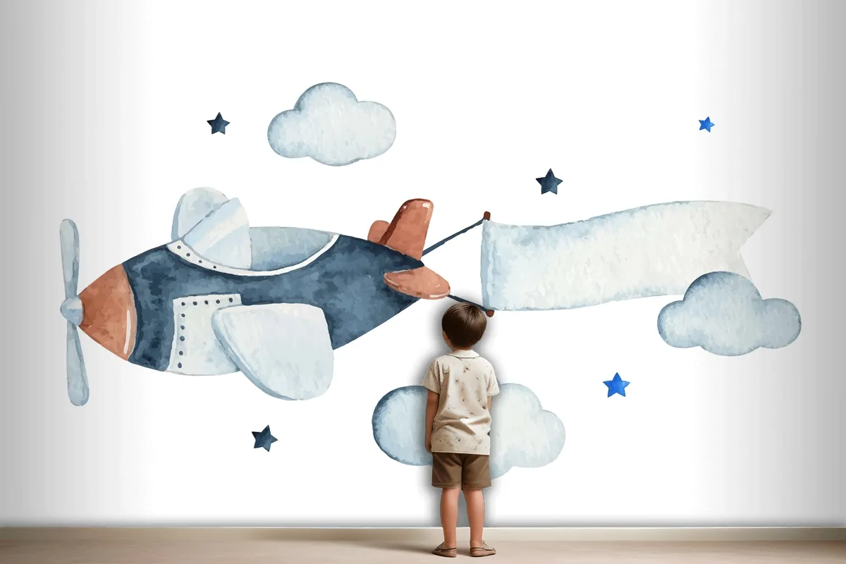 Cute Watercolor Sky Scene With Air Plane Clouds And Stars Wallpaper Mural