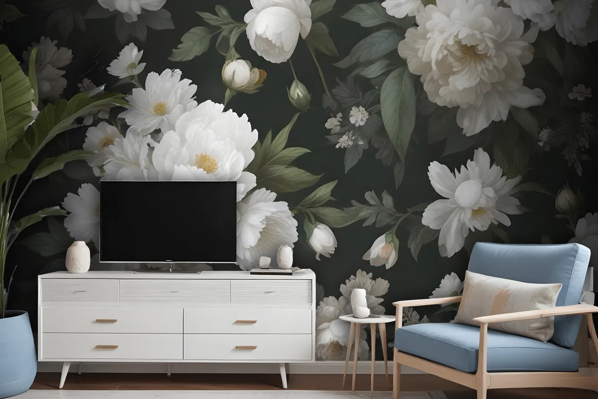 Dark Floral And White Peony Blossoms Wallpaper Mural