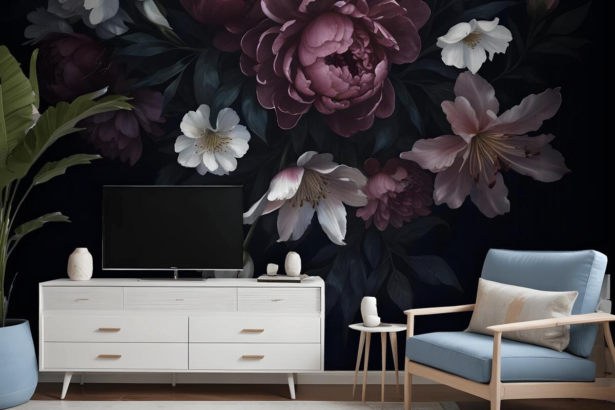 Dark Floral Claret Peony Floral Wallpaper Mural