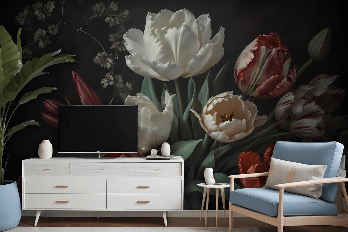 Dark Floral Dutch Bouquet With Tulips Wallpaper Mural