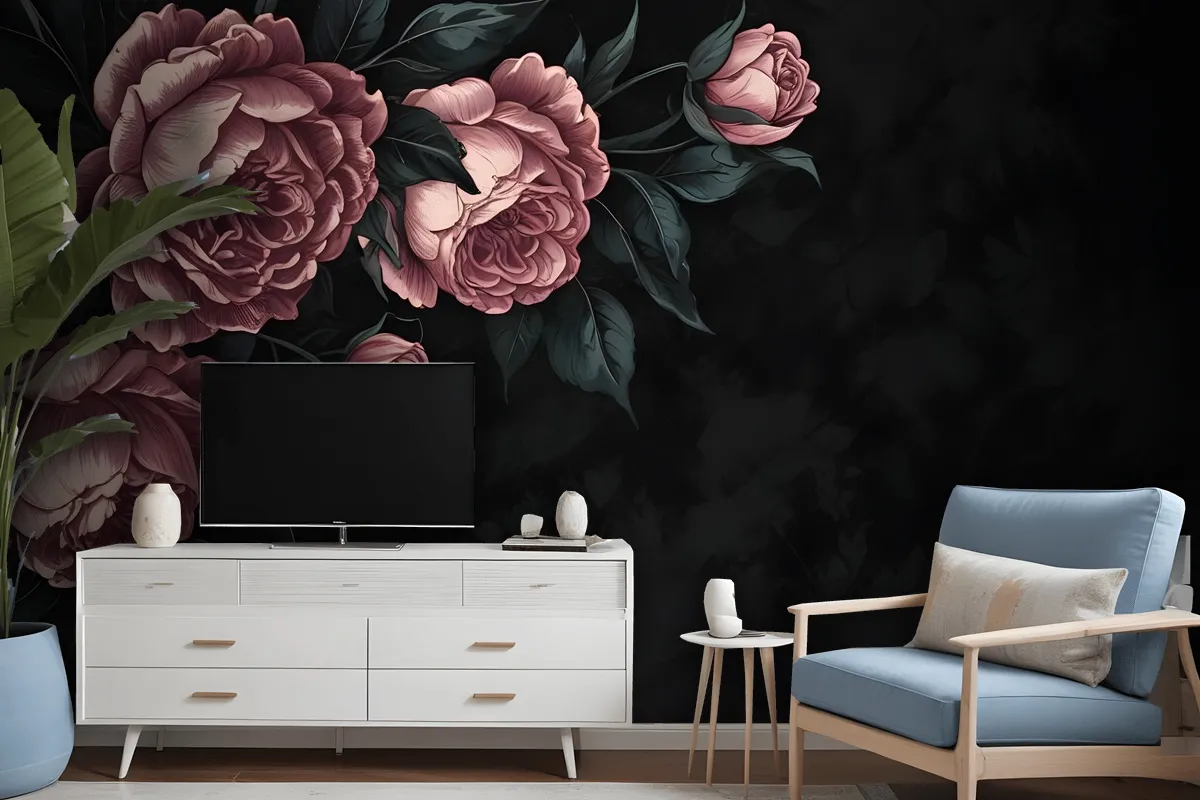 Dark Floral Peony Flower Drawing Wallpaper Mural