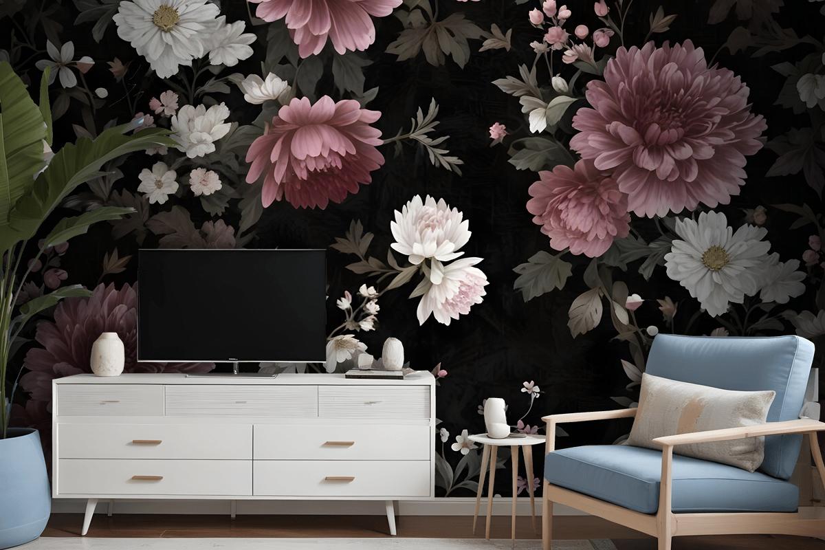 Dark Floral With Pink Chrysanthemum Wallpaper Mural