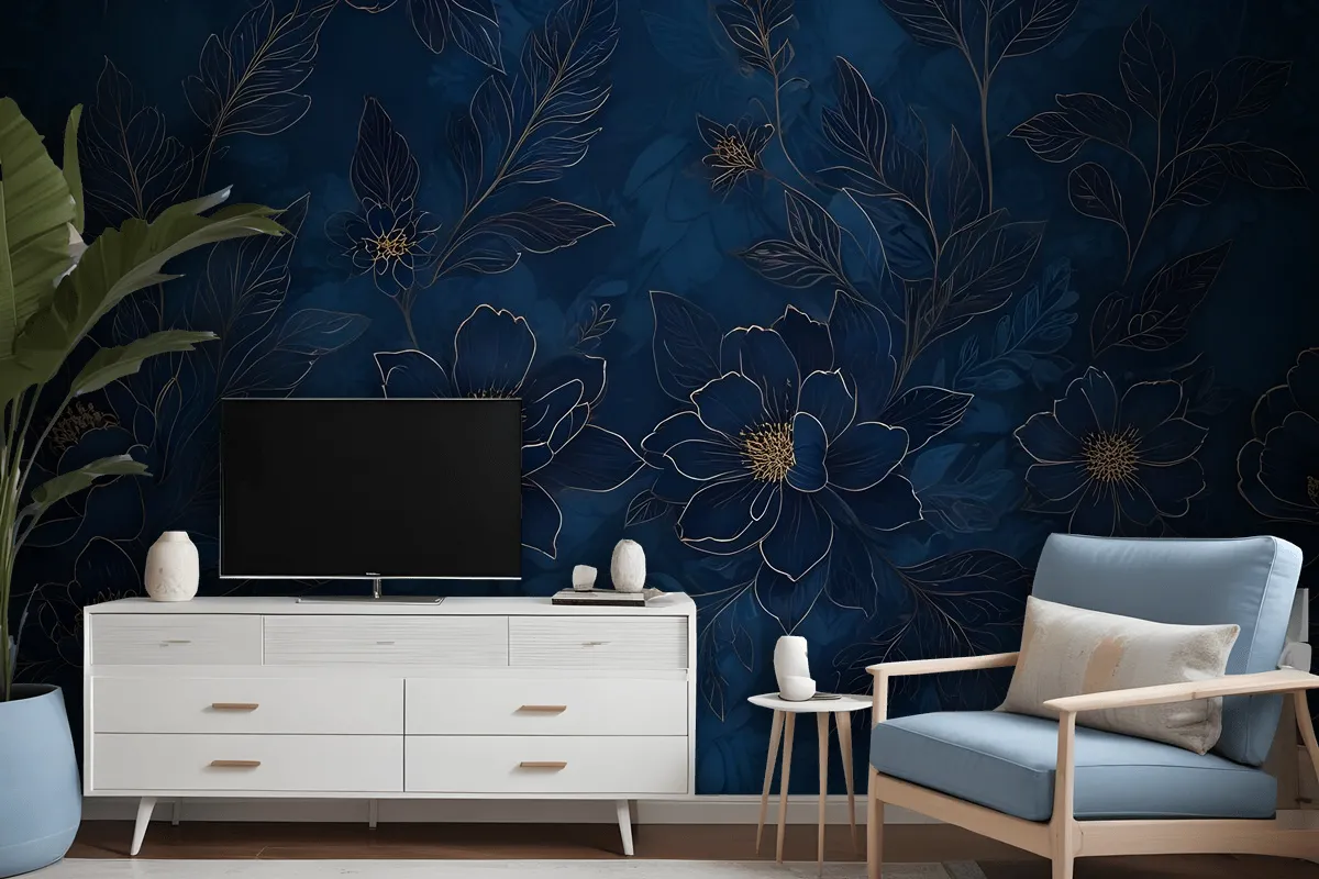 Dark Navy Peony Floral Drawing Art Wallpaper Mural