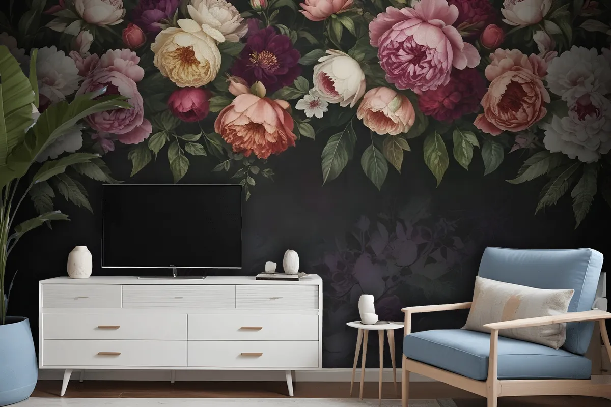 Dark Vine Floral And Peony Blossom Wallpaper Mural