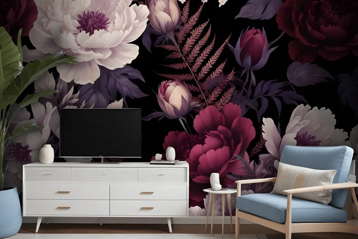 Dark Watercolor Colorful Peony Floral Wallpaper Mural