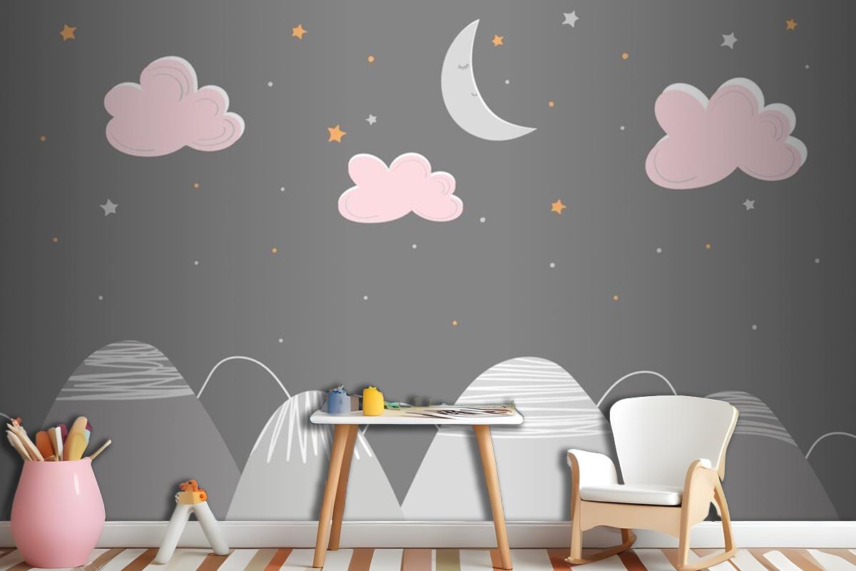 Decor In Scandinavian Style With Mountain Landscape Clouds And Sleeping Moon Wallpaper Mural