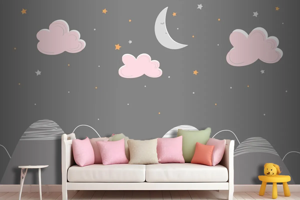 Decor In Scandinavian Style With Mountain Landscape Clouds And Sleeping Moon Wallpaper Mural