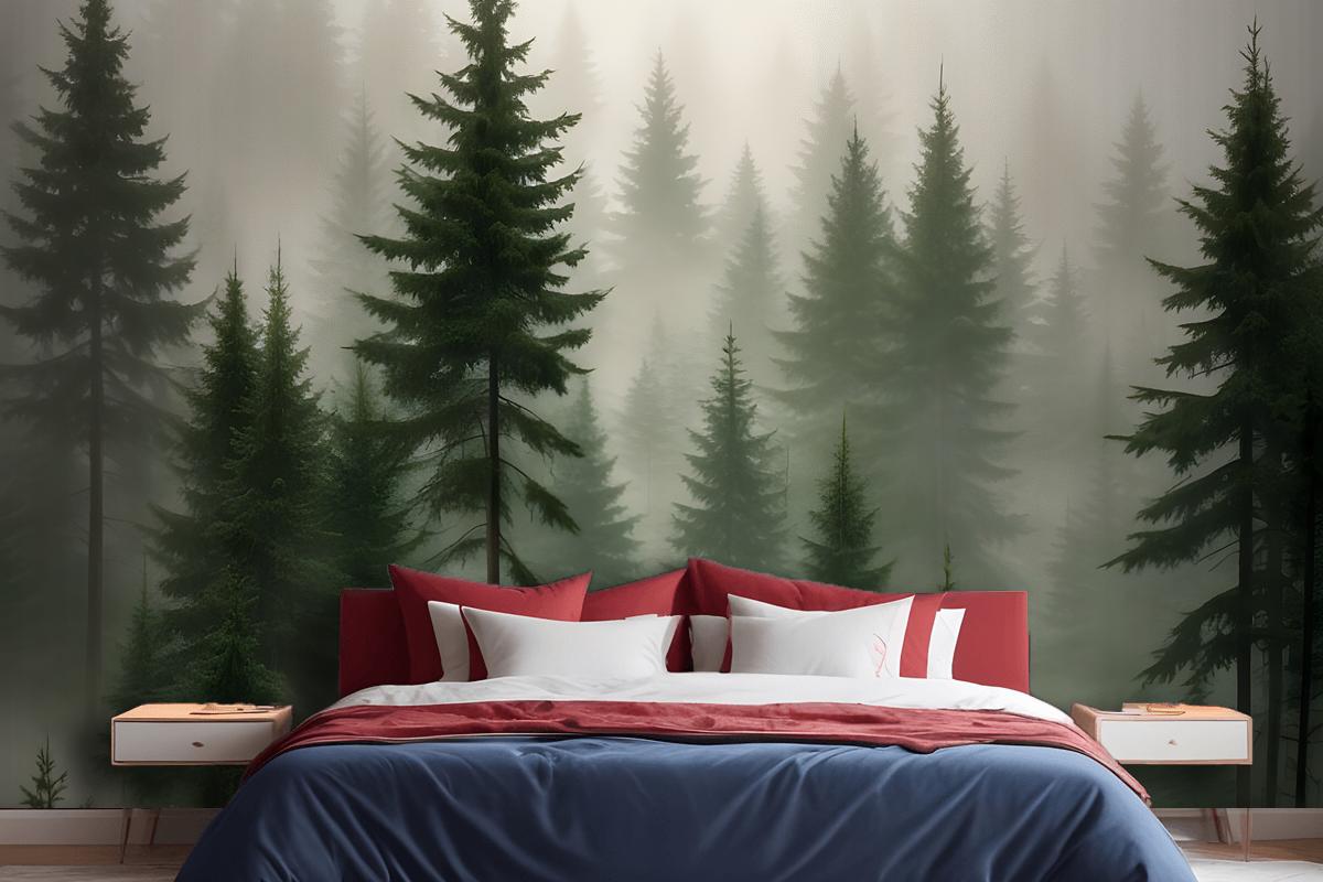 Dense Forest Of Tall Evergreen Trees In A Misty Foggy Environment Wallpaper Mural