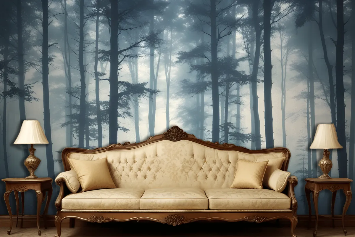 Dense Misty Forest With Tall Slender Trees And A Foggy Atmosphere Wallpaper Mural