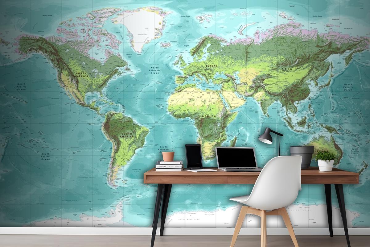 Detailed Physical World Map Miller Projection Wallpaper Mural